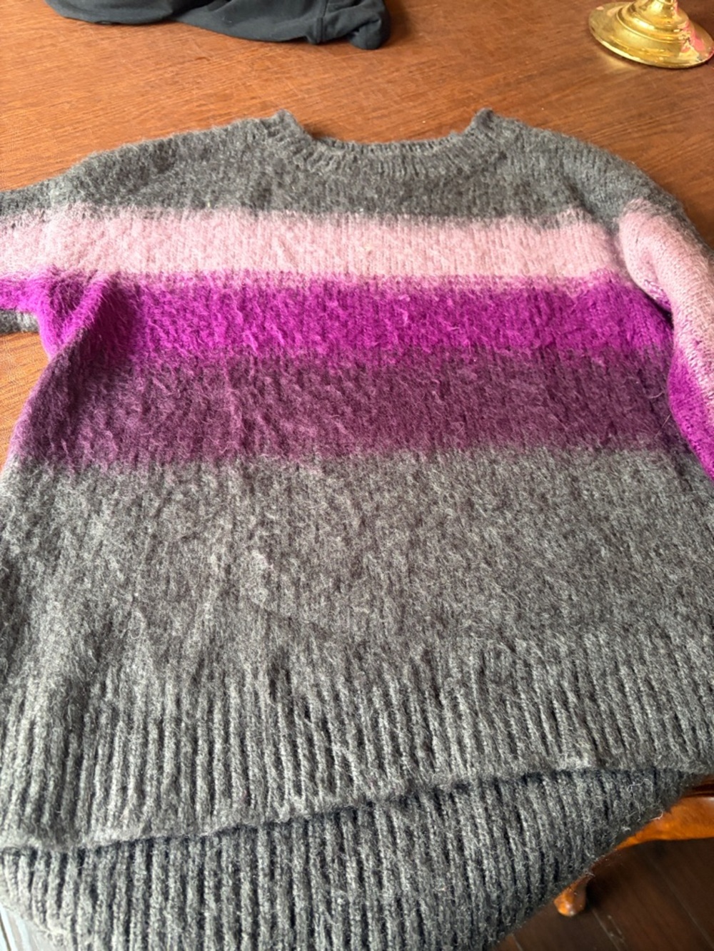 Vera Bradley Gray Crewneck Sweater with Pink and Magenta Stripes